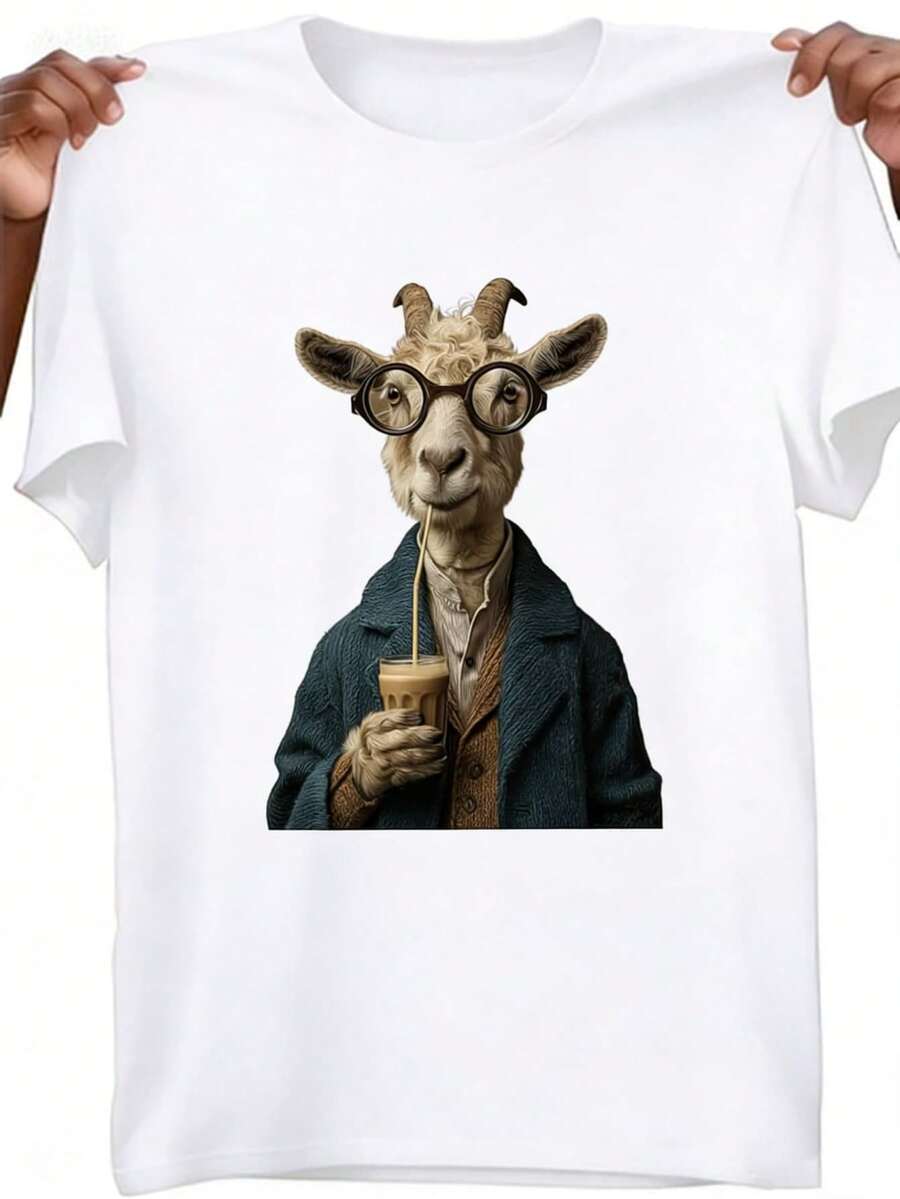 Camiseta de mujer camiseta de manga corta blanca con patrón de cabra bebiendo café camiseta de cuello redondo suave y glutinoso micro elástico dise?o casual fresco y transpirable personalidad deslumbrante camiseta de mujer camiseta de moda estilo fresco blusa adecuada para el ocio diario - Blanco - Ver 1