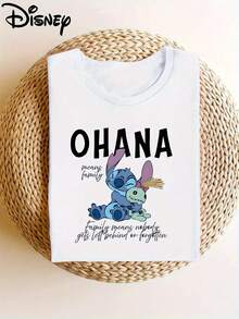 Disney Officially Licensed 100% Cotton T-Shirt, Unisex Short-Sleeve T-Shirt, Licensed Stitch Printed Soft Stretchy Casual Short-Sleeve Top, Stylish Short-Sleeve Round-Neck T-Shirt For Women - 白色 - 查看 1