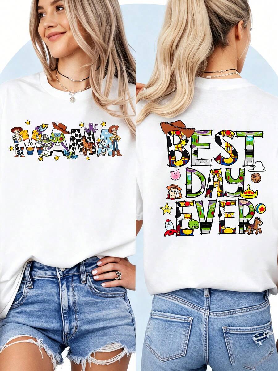Toy Story "Mama & Best Day Ever" Double-Sided T-ShirtPerfect For Taking Photos At Disneyland, As A Souvenir, Casual Everyday Wear, Or Matching Family Outfits. It's Also An Ideal Valentine's Day Gift For Friends And Family. Unisex, A New Spring Style, Comfortable And Skin-Friendly, Suitable For Outdoor Wear. - White - View 1