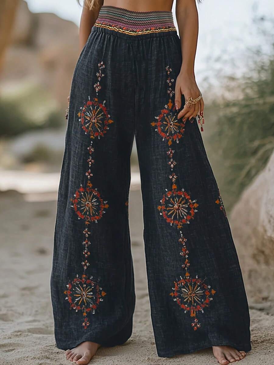 Plus Size - Plus Size - New Spring/Autumn Design Niche High Waist Retro Loose Casual Pants With Random Print Wide Leg - Black - View 1