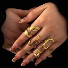 4pcs Fashionable Stainless Steel Rings With Simple Hollow Geometric Design, Versatile Casual Stacking Rings, Perfect Gift For Her, Suitable For Teenagers - Gold - View 5