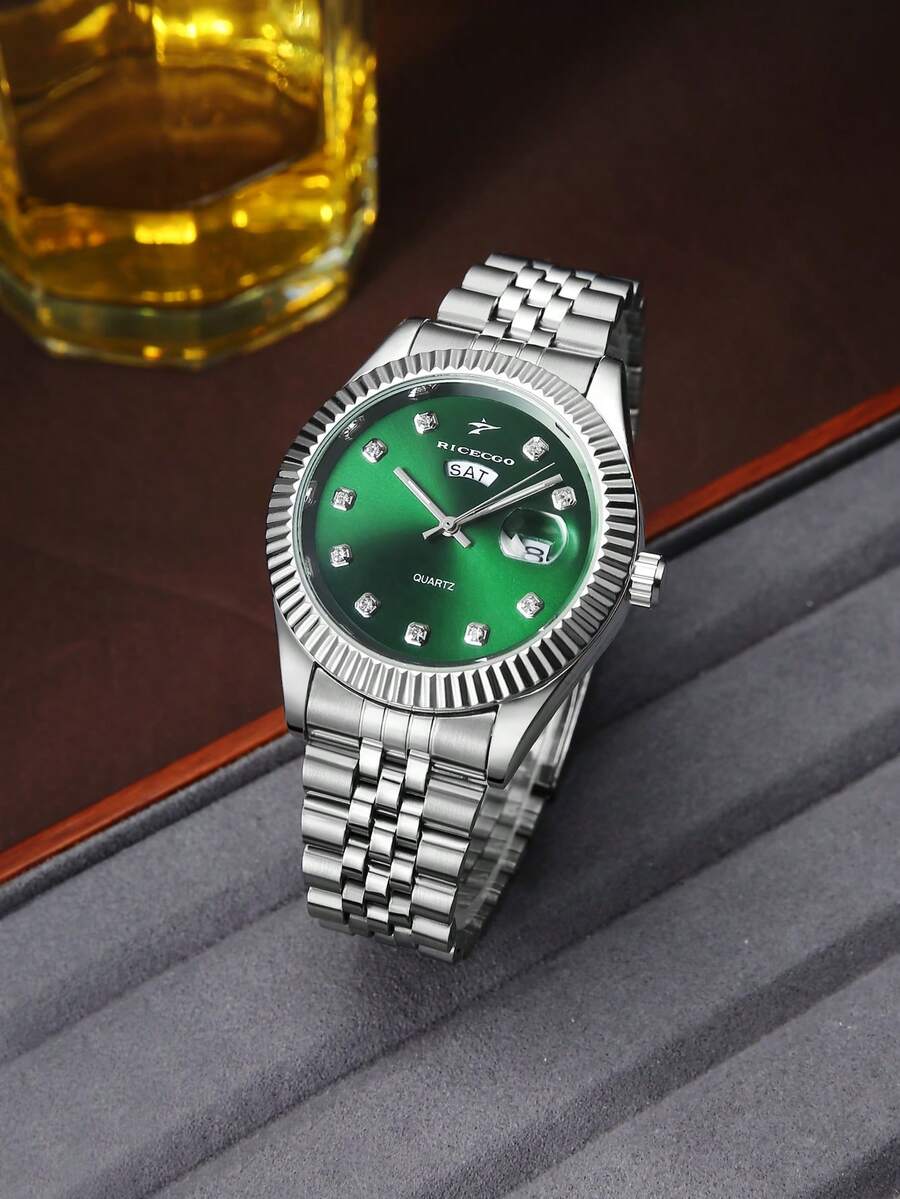 RICECGO 1pc Men's Silver Diamond Quartz Watch, Suitable For Daily Wear, Business Meetings, And Gift Giving - Silver - View 1