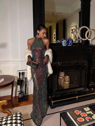 Elegant Sequin Backless Romantic Sexy Women's Dresses Fall Wedding Party Black