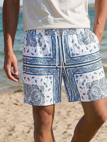 Open Phase Herren Shorts mit Kordelzug Taille, Taschen und Cashew-Muster, Lässig Strandshorts - Verschiedenfarbig - Übersicht 1