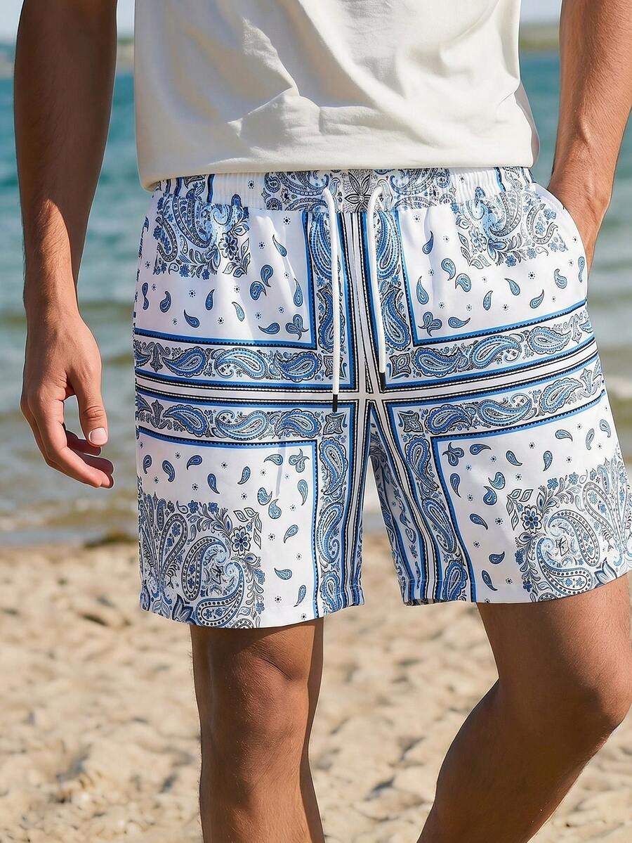 Open Phase Herren Shorts mit Kordelzug Taille, Taschen und Cashew-Muster, Lässig Strandshorts - Verschiedenfarbig - Übersicht 1