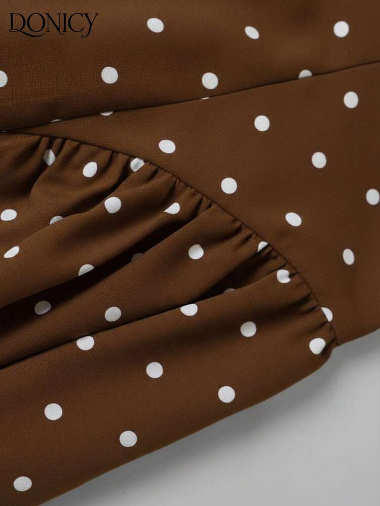 Short-Sleeved Maxi Dress With Black And White Polka Dot Collar, Gathered Waist, Flared Hem, Soft And Elegant, For Office, Party, Valentine's Date. - Trắng ngà - Xem 5