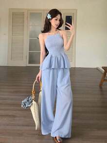 Conjunto de top sin mangas con volantes y espalda descubierta, y pantalones rectos casuales, elegante para ir al trabajo, romántico, playa, vacaciones - Conjunto de ropa de mujer para primavera y verano - Azul - Ver 9