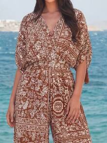 Faeriesty BohoBloom 花卉连体裤：V 领、短袖、露背、阔腿设计。优雅的女士夏季海滩度假和周末派对服装。 - 咖啡棕 - 查看 5