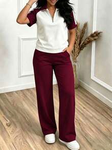 Women's New Spring/Summer Collared Half-Zip Sporty Contrast Color Short Sleeve Top And Elastic Waist Loose Solid Color Pants 2-Piece Set, Suitable For Outdoor Sports, Workout, Casual Commute, Street Wear In Spring And Summer - Wine Red 29 + Off-white - View 4