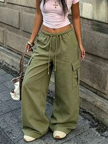 1pc Women's Casual Straight Leg Pants, Drawstring Waist Design, Suitable For Summer Wear, Relaxed Style, Breathable & Comfortable, Versatile - Army Green - View 3
