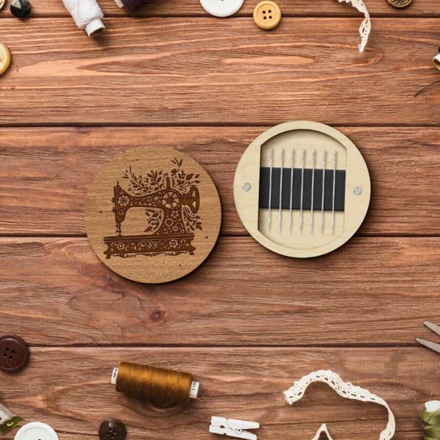 1pc Round Wooden Magnetic Embroidery Needle Box, Colorful Sewing Pattern Design, Suitable For Needle, Thread And Yarn Sewing Storage, Home Craft Projects, Decorative Woodworking And Sewing Storage - A - View 1