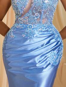 Women's Elegant Light Blue Satin One-Shoulder Dress With Embroidered Sheer Inlay And Mermaid Slit, Suitable For Formal Occasions And Galas Wedding - Light Blue - View 6