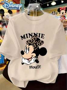 Disney Leopard Print Bow Tie Short-Sleeved T-Shirt, Minnie Mouse Cartoon Print Top, Disney Channel Versatile, Available In Multiple Colors, Cute Style Suitable For Both Men And Women, Cool And Breathable Short-Sleeved T-Shirt, Suitable For Both Men And Women, Especially Suitable For Parties, Birthdays And Daily Commutes. - 杏色 - 查看 1