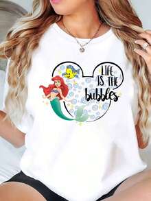 Ariel And Flounder Mickey Mouse Shape Life Is The Bubbles Print Disney Women T Shirt Round Neck Short Sleeve Casual Summer Outfit For Everyday Wear Soft Comfortable 220g - trắng - Xem 1