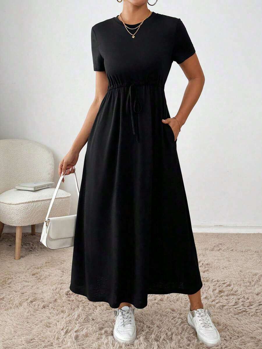 Vestido midi con cordón en la cintura, bolsillo lateral, ropa de regreso a la escuela, ropa de mujer para otoño, atuendos de maestra, vestido de despedida de soltera, vestidos casuales de mujer, vestidos midi de mujer, vestidos de trabajo de mujer, vestidos de otoño para mujer, vestidos maxi de mujer, disfraz de Halloween, vestido casual de negocios, vestidos de verano para mujer - Gris Claro - Ver 1