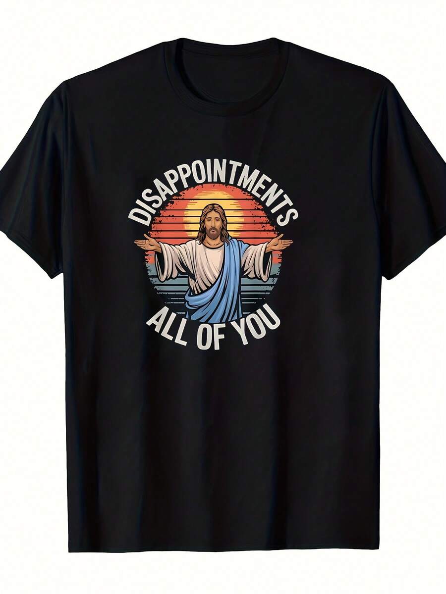 T-shirt satirique religieux "Jésus drôle vous déçoit" - Motif coucher de  - Coupe ample unisexe à col rond pour un style décontracté - Idée cadeau de Noël - Lavable en machine, imprimé humoristique, tissu respirant, haut à manches courtes, indispensable pour les amateurs d'humour. - Noir - Voir 1