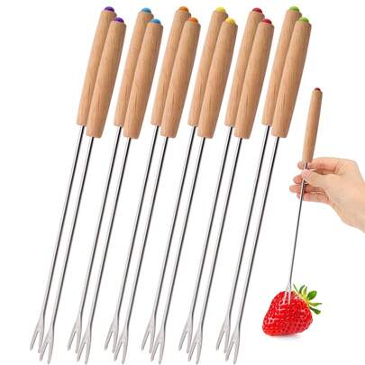 Horquillas para Fondue de acero inoxidable, de madera, tenedor de Chocolate resistente al calor, olla caliente, tenedor para postre de fruta, herramienta de cocina, 6Uds. GXHS
