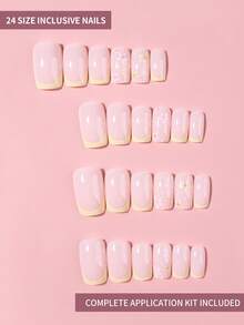 24pcs Square Shaped French Press-On Nails, Yellow Floral Pattern, Acrylic Fake Nails Set Includes 1pc Jelly Gel And 1pc Nail File, Perfect For Summer Nails And French Manicure - Multicolor - View 2