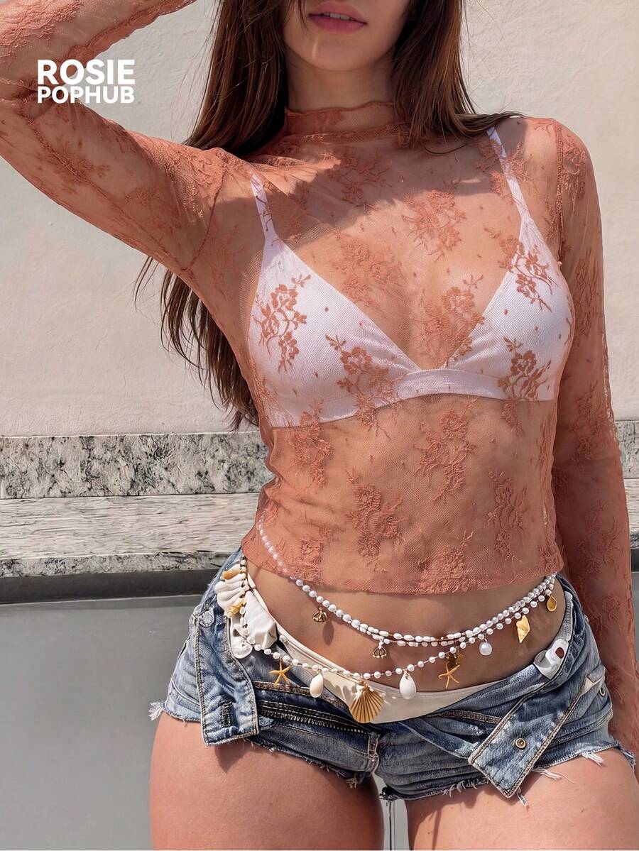 ROSIE POPHUB 女款灰色玫瑰透視刺繡蕾絲優雅性感修身網紗長袖寬鬆T恤，適合約會、日常、辦公室、夏季