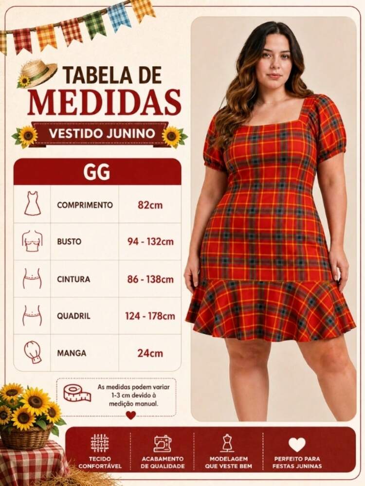 Plus Size Checkered Dress With Square Neckline And Short Sleeves For June Festival (São João) - 藍色和紅色 - 查看 8