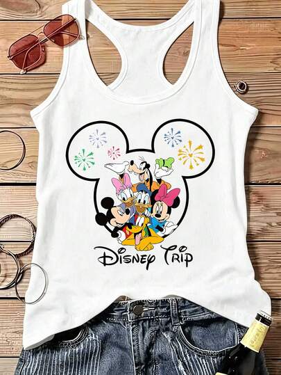  Elegant Disney Cartoon Print Sleeveless Vest Women Girly Summer Daily Tee Tops