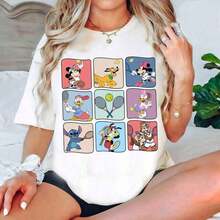 Disney 1PC Licensed "Colorful 9-Panel Grid Tennis-Themed Mickey Minnie Donald Daisy Goofy Pluto Stitch Chip Dale Disney 100% Cotton T-Shirt - 白色 - 查看 1