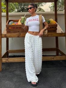 Pantalones anchos de uso diario con cintura con cordón y lunares para mujer - Blanco - Ver 3