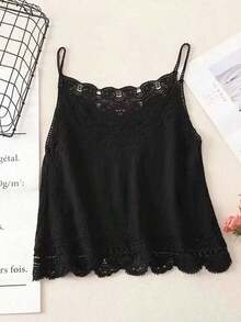 Camiseta de verano de mujer con diseño vintage, casual y holgada, de unicolor, con bordados y encaje calado - Negro - Ver 2