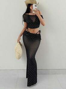 Bonvoyette Conjunto de 4 piezas para vacaciones de mujer: Top de bikini con estampado de cuello halter, Bottom de traje de baño, falda larga tipo sarong y cubre-todo - Negro 2 - Ver 2
