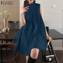 Vestidos elegantes sin mangas acampanados, nuevo vestido chino plisado para mujer, vestido de Vintage a con cuello mandarín 2024 - Azul oscuro - Ver 4