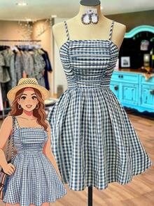 LUNE CURVE Vestido corto de verano casual y elegante para vacaciones en la playa, de talla, con estampado de cuadros azul y blanco, sin mangas, con tirantes ajustables, plisado en el busto y cintura ceñida en forma de línea A - Azul y blanco - Ver 8