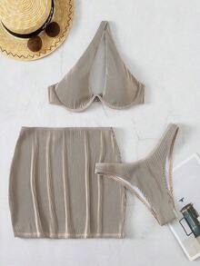 Swim Conjunto de bikini acanalado Sujetador con aros recortado y parte inferior de corte alto y falda de playa Traje de baño de 3 piezas - Caqui - Ver 6