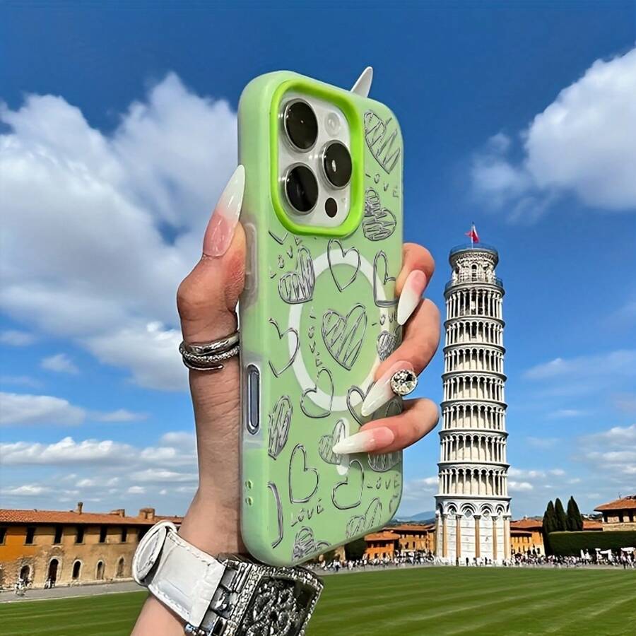 Phone Case - A Phone Case With A Full-Screen English Heart Design, Featuring A Minimalist Macaron Color And A Jelly-Like Texture, Combines Magnetic Wireless Charging. Perfect For Halloween, New Year, Christmas - 綠色 - 查看 1