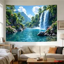1 buah Banner Latar Belakang Pesta Bertema Sungai Air Terjun Hutan Tropis, Terbuat dari Poliester dengan Pohon Palem, Bukit Hijau, dan Elemen Bunga, Cocok untuk Ulang Tahun, Pernikahan, Fotografi, dan Acara Lainnya - A - View 4