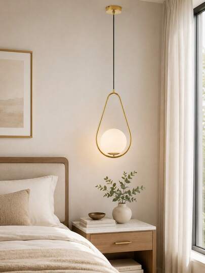 1 chiếc đèn treo hình giọt nước tối giản sang trọng, đèn ngủ phong cách Bắc Âu hiện đại cho phòng khách, phòng ăn, phòng ngủ, đèn trang trí hình cầu vàng hình học sáng tạo, ổ cắm E27 (không bao gồm bóng đèn)