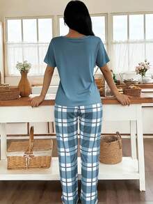 Comfortable Casual Letter Print Short Sleeve 2 Pieces Pajama Set Women Plaid Long Pants Loungewear - Teal Blue - View 2