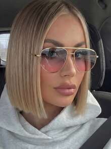 1 Pair Women's Gold Double Bridge Aviator Metal Frame Retro Fashion Glasses Suitable For Daily Wear - Gold - View 2