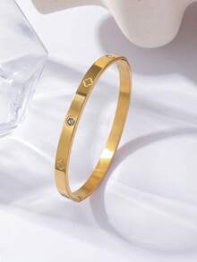 1pc Stainless Steel Bangle, Mirror Polished, Vacuum Plated, Non-Fading, Lucky Four-Leaf Clover, Classic Fashion Design, Suitable For Daily Wear. 3 Sizes Available, Family Set, Inner Diameter 6.4/6/5.2cm - Lsc-01 - View 9