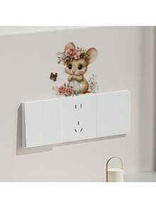 Cute Floral Crown Mouse Butterfly Socket Wall Sticker, Watercolor Animal Self-Adhesive Socket Decal, Suitable For Home Decor - Crown Mouse Butterfly - View 4
