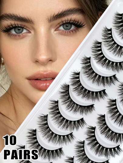 10 Pairs Soft & Fluffy Reusable False Eyelashes, Natural & Dramatic Look For Daily Wear And Parties, Cat Eye Effect, Lightweight & Voluminous