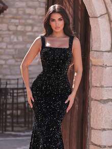 Faeriesty Women's Shiny Sequin Mermaid Dress, Sleeveless Spaghetti Strap Neckline Design, Open Back, Suitable For Formal Party Occasions Wedding Black - 黑色 - 查看 3
