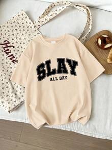 2件組 青少年女孩圓領短袖T恤印有「SLAY」字樣搭配簡約喇叭褲，夏季套裝 - 杏色 - 查看 4