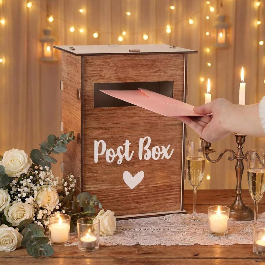 1 Set Wooden Wedding Card Holder Box, Mailbox Style Slot With Lid, Rustic Vintage Gift Card Box For Wedding Anniversary - Multicolor - View 1