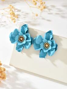1 Pair Fashion Elegant Elegant Flower Core 3D Oil Drip Multi-Layer Petal Flower Stud Earrings, Fresh Sweet Bohemian Vacation Style 3D Solid Color Rose Flower Earrings Suitable For Women Daily, Vacation, Banquet, Gift - Blue - View 7