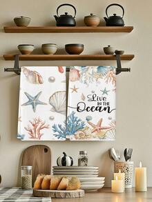 2 buah Handuk Dapur Motif Kerang, Bintang Laut, Karang, dan Mutiara, Tema Laut Cat Air, Handuk Piring untuk Dapur, Handuk Tangan, Handuk Teh, Cocok untuk Dapur Rumah Pertanian, Dalam Ruangan, Mencuci Piring - Blue and White - View 8