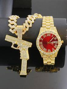 Men's Hip Hop Gun Pendant Jewelry Set, Cuban Chain Bracelet & Watch 1 Set, 15mm Diamond Street Style Shiny Set, Men's Gift, Suitable For Party & Birthday - Gun Pendant Necklace Set - View 3
