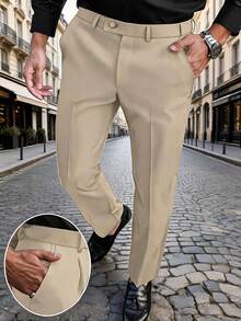 Ensemble de 2 pièces pour hommes Furuyal, comprenant un pantalon avec poches et une ceinture, de couleur unie, coupe droite, style décontracté et léger, convenant aux affaires, mariages, galas, fêtes et autres occasions, dégageant un air d'ancienne fortune - Champagne - Voir 1