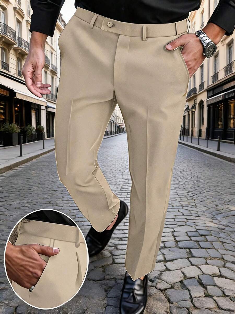 Ensemble de 2 pièces pour hommes Furuyal, comprenant un pantalon avec poches et une ceinture, de couleur unie, coupe droite, style décontracté et léger, convenant aux affaires, mariages, galas, fêtes et autres occasions, dégageant un air d'ancienne fortune - Champagne - Voir 1