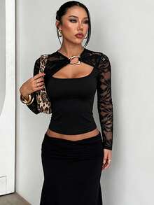 1pc Solid Color Knit Fabric Lace Top, Vacation Beach Summer - Black - View 3