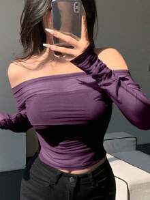 Blusa elástica de malla transparente con hombros descubiertos, para primavera/verano - Morado - Ver 1